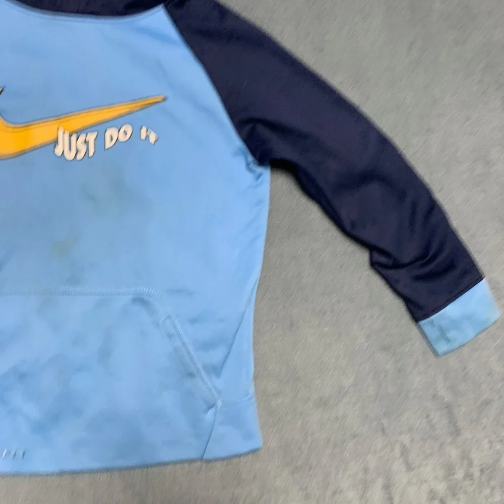 Nike Just Do It Therma Fit Hoodie Boys L Navy Blue Fleece Lined Kangaroo Pockets